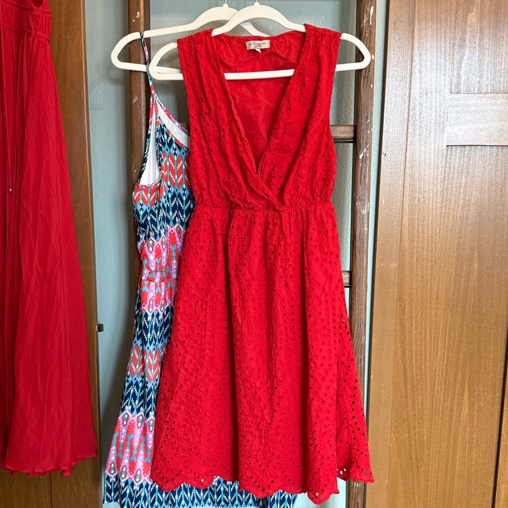 Red Eyelet V-Neck Sleeveless Dress